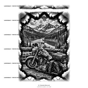 May include: A black and white graphic design featuring a motorcycle parked on a dirt path before a wooden fence. The background displays a lake, dense pine forests, and snow-capped mountains. The text LASERVAULT PROTECTED PREVIEW appears repeatedly.