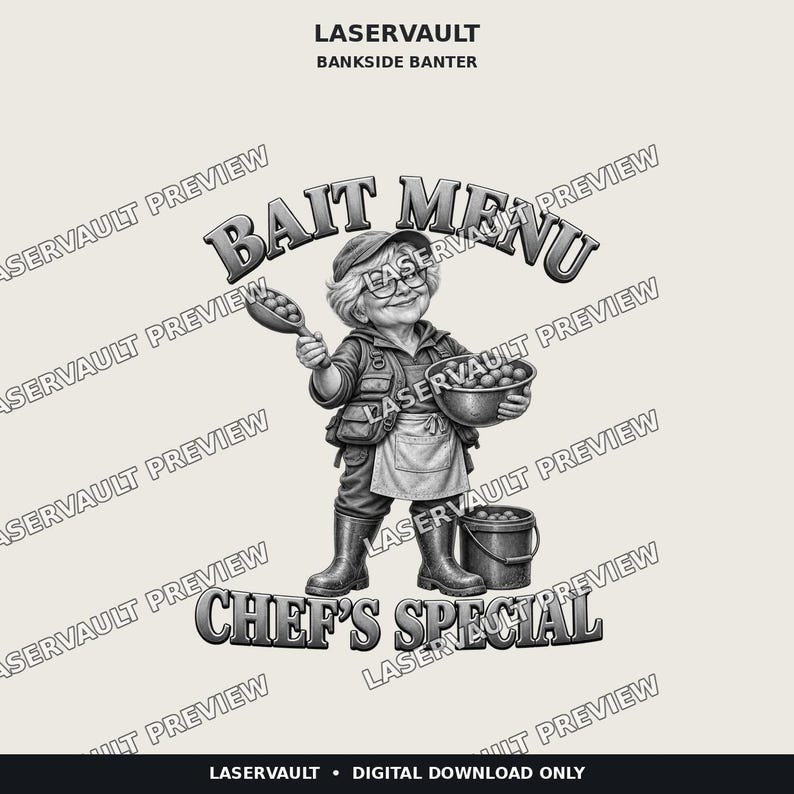May include: A greyscale graphic illustration featuring a person wearing a cap, glasses, vest, apron, and boots. The person holds a small scoop and a bowl filled with round items. Text reads LASERVAULT, BAIT MENU, and CHEF'S SPECIAL.