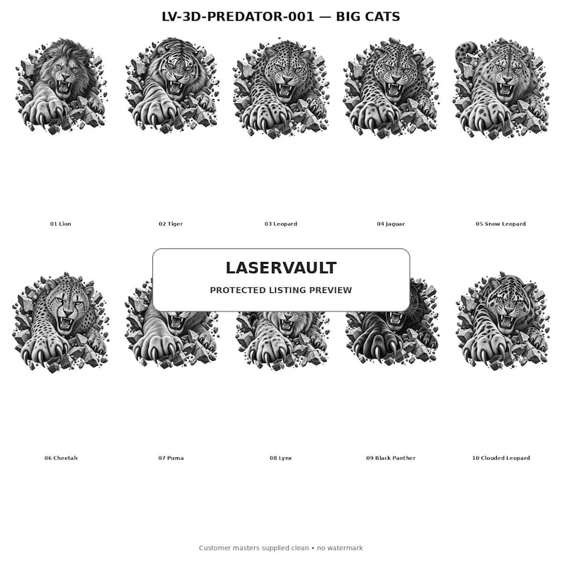 Op de afbeelding: Een verzameling van tien zwart-witillustraties van grote katachtigen, waaronder een leeuw, tijger, luipaard, jaguar, sneeuwluipaard, jachtluipaard, poema, lynx, zwarte panter en nevelpanter, die door een stenen muur breken. Tekst: LV-3D-PREDATOR-001 BIG CATS en LASERVAULT PROTECTED LISTING PREVIEW.