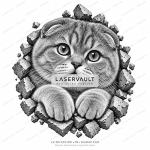 Puede incluir: Una ilustraci&oacute;n gr&aacute;fica en blanco y negro de un gato Scottish Fold mirando a trav&eacute;s de un agujero en una pared de hormig&oacute;n. El gato tiene ojos grandes y orejas plegadas, con sus patas sobre los bordes de piedra. Texto: LASERVAULT y LV-3D-CAT-001.