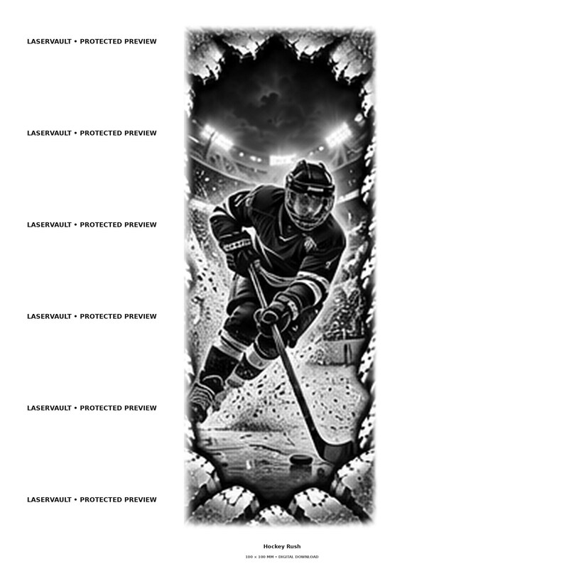 May include: A black and white digital illustration of a hockey player in full gear skating on ice, holding a hockey stick near a puck. The scene is framed by a jagged, distressed border with the repeated text LASERVAULT &bull; PROTECTED PREVIEW.