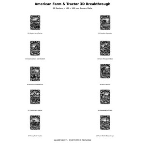 Pu&ograve; includere: Una collezione di dieci design su ardesia quadrata da 100 x 100 mm intitolata American Farm & Tractor 3D Breakthrough. Ogni immagine in bianco e nero presenta scene agricole dettagliate con trattori, mietitrebbie, fienili, cavalli e bestiame.
