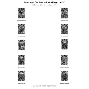 May include: A collection of ten 100 x 100 mm square slate tiles titled American Outdoors & Working Life 3D. Each tile features a detailed black and white engraved scene including a bald eagle, big rig, cowboy, whitetail buck, bass fishing, pickup, biker, retriever, tractor, and steam train.