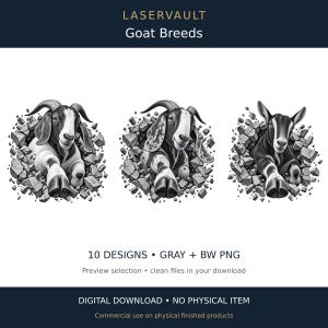 Op de afbeelding: Een digitale grafische set getiteld LASERVAULT Goat Breeds met drie zwart-witillustraties van geiten die uit gebarsten stenen oppervlakken tevoorschijn komen. De tekst bevat 10 DESIGNS, GRAY + BW PNG, Preview selection en DIGITAL DOWNLOAD.
