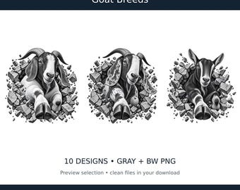 Op de afbeelding: Een digitale grafische set getiteld LASERVAULT Goat Breeds met drie zwart-witillustraties van geiten die uit gebarsten stenen oppervlakken tevoorschijn komen. De tekst bevat 10 DESIGNS, GRAY + BW PNG, Preview selection en DIGITAL DOWNLOAD.