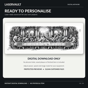 Puede incluir: Un archivo de arte digital en blanco y negro con una ilustraci&oacute;n detallada de La &Uacute;ltima Cena, con Jes&uacute;s sentado en el centro de una mesa larga rodeado por doce figuras. El texto LASERVAULT, READY TO PERSONALISE y DIGITAL DOWNLOAD ONLY es visible.