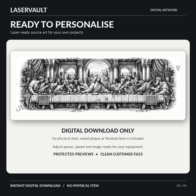 Puede incluir: Un archivo de arte digital en blanco y negro con una ilustraci&oacute;n detallada de La &Uacute;ltima Cena, con Jes&uacute;s sentado en el centro de una mesa larga rodeado por doce figuras. El texto LASERVAULT, READY TO PERSONALISE y DIGITAL DOWNLOAD ONLY es visible.