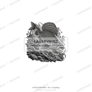 May include: A grayscale digital illustration of a fish swimming through water with bubbles and rocks. The image features the text LASERVAULT PROTECTED LISTING PREVIEW and LV-3D-FISH-004 03 Grayling. The fish has detailed scales and fins.