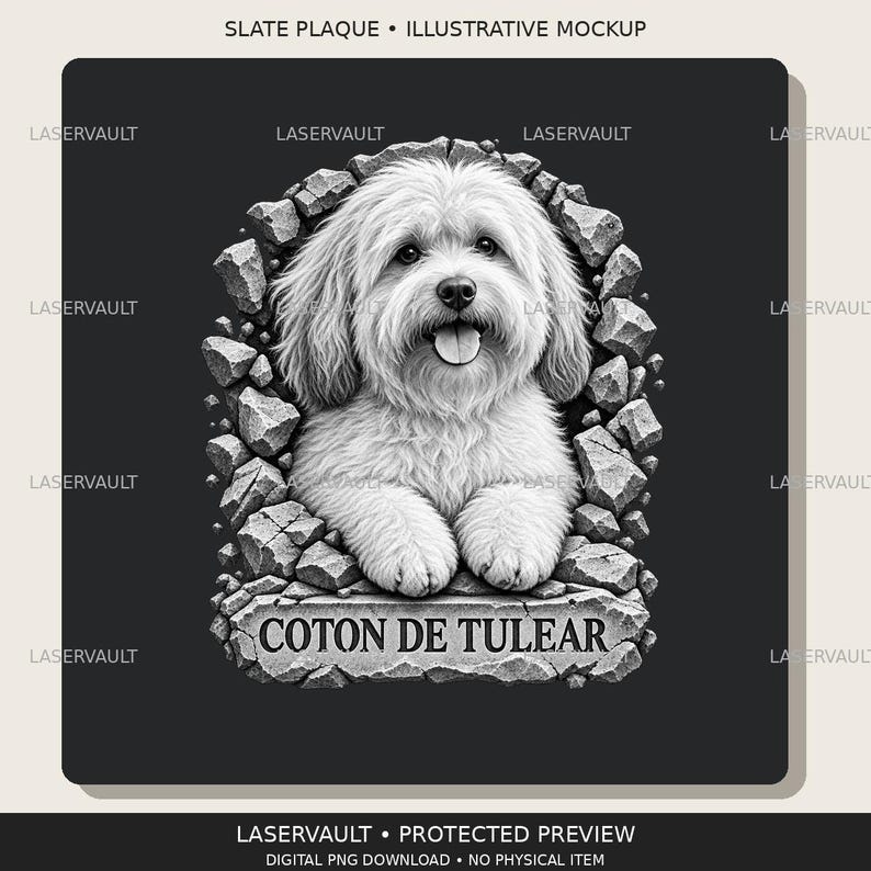 May include: A black and white graphic design featuring a fluffy Coton de Tulear dog emerging from a cracked stone frame. The text COTON DE TULEAR is engraved on a stone slab at the bottom. The design includes repeating LASERVAULT watermarks.