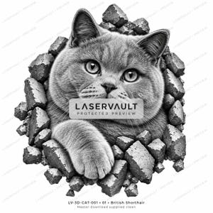 Puede incluir: Una ilustraci&oacute;n gr&aacute;fica en blanco y negro de un gato emergiendo de un agujero en una pared de piedra. El gato tiene ojos grandes y una pata extendida hacia adelante. El texto LASERVAULT PROTECTED PREVIEW est&aacute; centrado sobre el gato, con LV-3D-CAT-001 abajo.