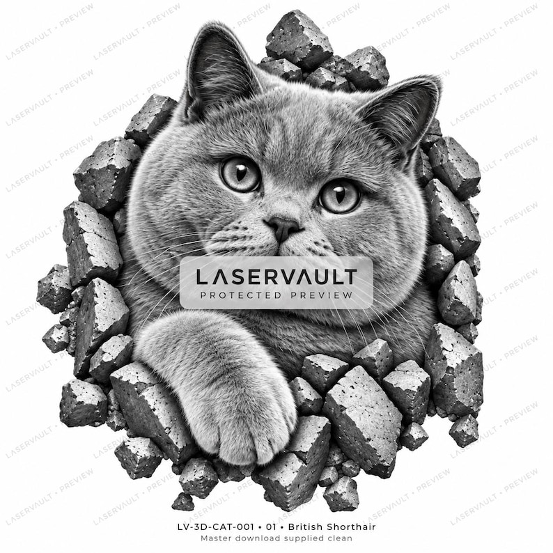 Puede incluir: Una ilustraci&oacute;n gr&aacute;fica en blanco y negro de un gato emergiendo de un agujero en una pared de piedra. El gato tiene ojos grandes y una pata extendida hacia adelante. El texto LASERVAULT PROTECTED PREVIEW est&aacute; centrado sobre el gato, con LV-3D-CAT-001 abajo.