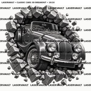 May include: A black and white graphic illustration of a vintage convertible car breaking through a wall of stone blocks. The text LASERVAULT &bull; CLASSIC CARS 3D BREAKOUT &bull; 10/10 is printed at the top, with the word LASERVAULT repeated across the image.