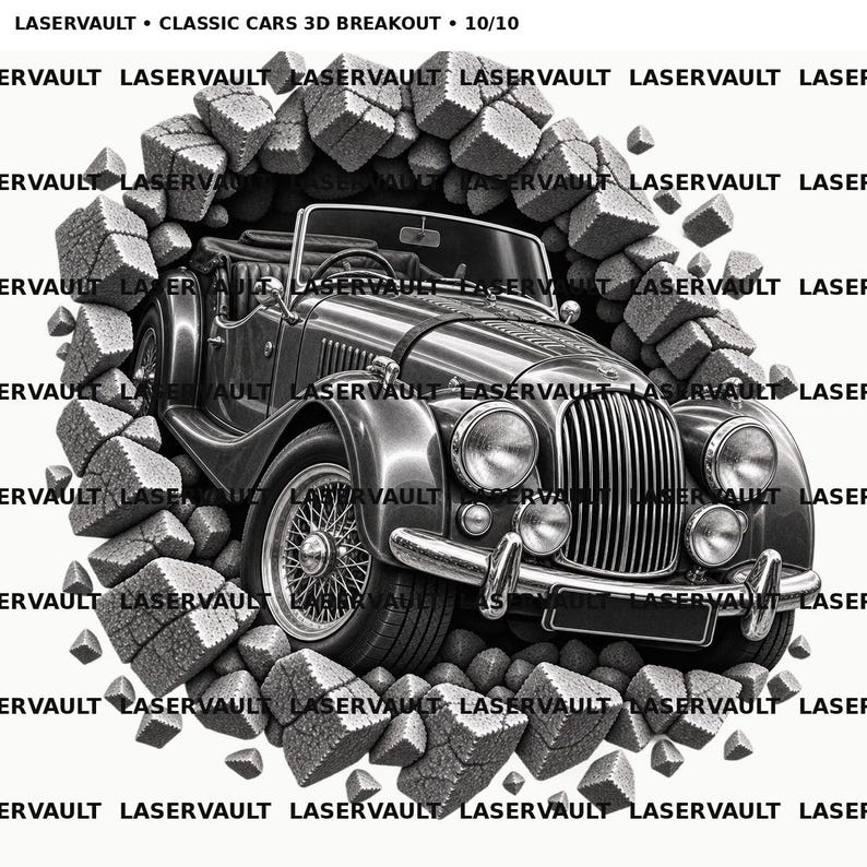 May include: A black and white graphic illustration of a vintage convertible car breaking through a wall of stone blocks. The text LASERVAULT &bull; CLASSIC CARS 3D BREAKOUT &bull; 10/10 is printed at the top, with the word LASERVAULT repeated across the image.