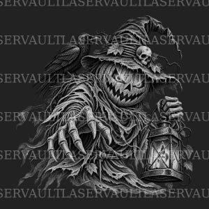 Puede incluir: Una ilustración gráfica en blanco y negro de un espantapájaros con cabeza de calabaza tallada, que lleva un sombrero andrajoso adornado con una calavera. La figura tiene manos esqueléticas, una extendida hacia adelante, y sostiene un farol.
