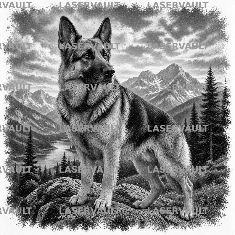 May include: A black and white illustration of a German Shepherd standing on a rocky outcrop. The dog is positioned in the foreground, looking toward the right. The background features a mountain range, a lake, and evergreen trees.