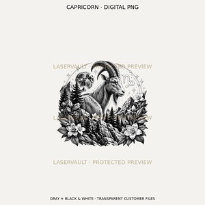 Puede incluir: Una ilustraci&oacute;n digital en blanco y negro de una cabra Capricornio rodeada de monta&ntilde;as, pinos y flores. El dise&ntilde;o presenta una luna, estrellas y el s&iacute;mbolo del zodiaco Capricornio. El texto dice CAPRICORN DIGITAL PNG.