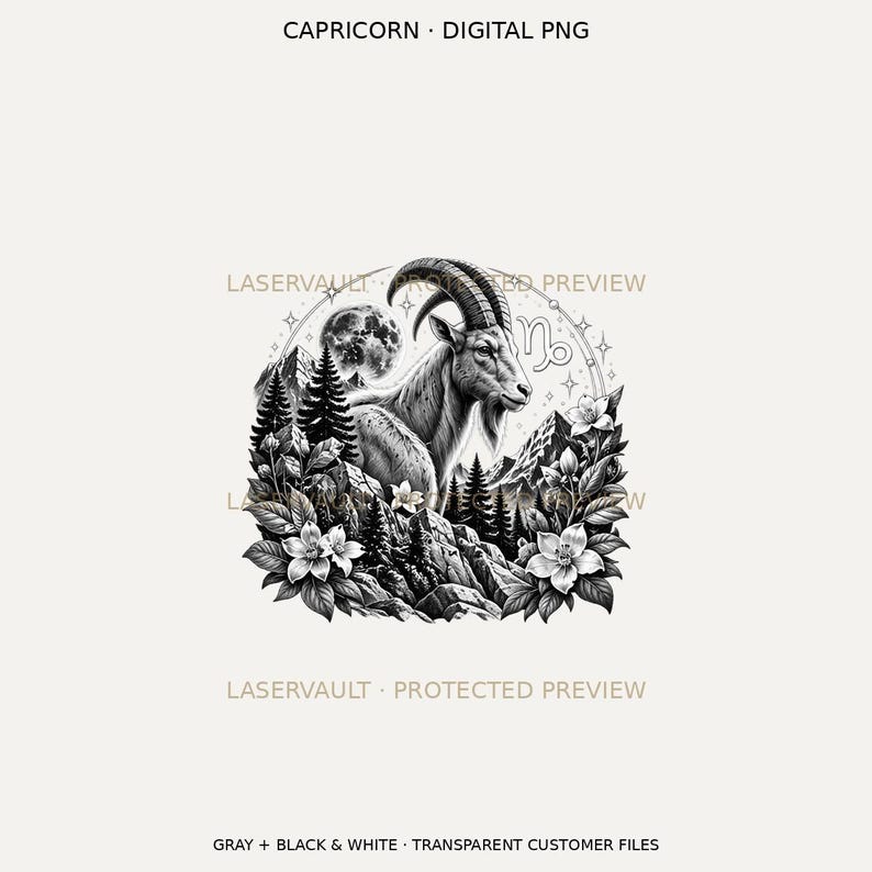 Puede incluir: Una ilustraci&oacute;n digital en blanco y negro de una cabra Capricornio rodeada de monta&ntilde;as, pinos y flores. El dise&ntilde;o presenta una luna, estrellas y el s&iacute;mbolo del zodiaco Capricornio. El texto dice CAPRICORN DIGITAL PNG.