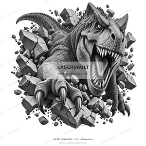 May include: A black and white graphic illustration of a dinosaur breaking through a wall of stone blocks. The dinosaur has sharp teeth, a textured scaly hide, and long claws. The text LASERVAULT PROTECTED PREVIEW is centered on the image.