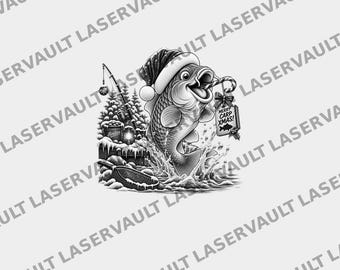 Op de afbeelding: Een zwart-witte grafische illustratie van een vis met een kerstmuts op, die een zuurstok vasthoudt met een label waarop MERRY CARP XMAS! staat. De scène bevat een hengel, een lantaarn, een emmer en een net in een besneeuwde omgeving.