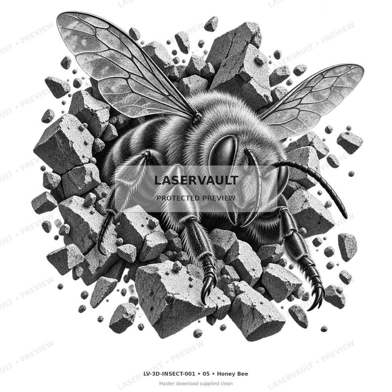 May include: A black and white illustration of a honey bee emerging from a cluster of broken stone fragments. The bee features detailed wings and fuzzy textures. The text LASERVAULT PROTECTED PREVIEW is centered over the bee, with LV-3D-INSECT-001 05 Honey Bee below.