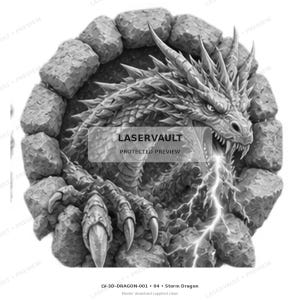 Puede incluir: Una ilustración digital 3D en blanco y negro de un dragón emergiendo de un muro de piedra circular. El dragón tiene escamas afiladas, cuernos y garras, y exhala un rayo. El texto LASERVAULT PROTECTED PREVIEW aparece centrado en la imagen.