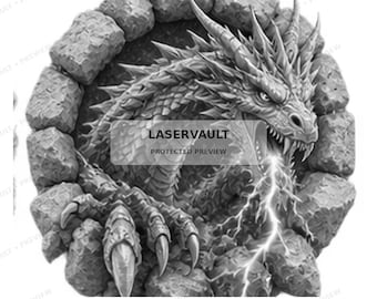 May include: A black and white 3D digital illustration of a dragon emerging from a circular stone wall. The dragon has sharp scales, horns, and claws, and is exhaling a bolt of lightning. The text LASERVAULT PROTECTED PREVIEW is centered.