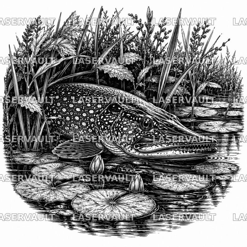 Puede incluir: Una ilustraci&oacute;n en tinta negra y blanca de un lucio nadando a trav&eacute;s del agua con nen&uacute;fares y hierbas acu&aacute;ticas altas. El pez tiene un patr&oacute;n moteado en su cuerpo y est&aacute; posicionado horizontalmente entre la vegetaci&oacute;n y las plantas acu&aacute;ticas.