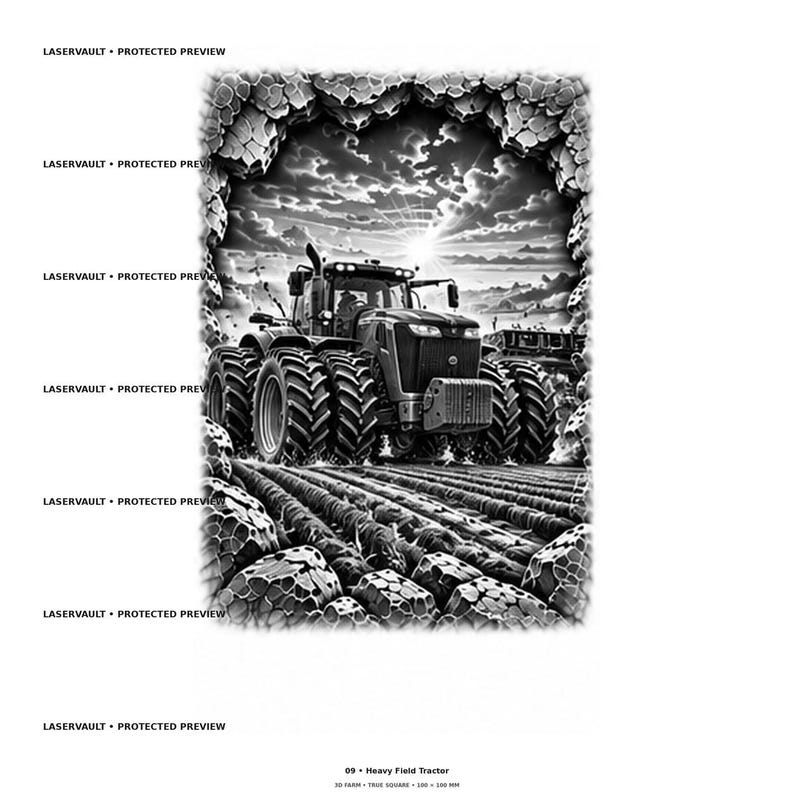 Pu&ograve; includere: Un'illustrazione grafica in bianco e nero di un pesante trattore agricolo con grandi pneumatici tassellati che lavora in un campo arato. La scena &egrave; incorniciata da un bordo frastagliato simile alla pietra e include un sole luminoso. Testo: 09 Heavy Field Tractor.