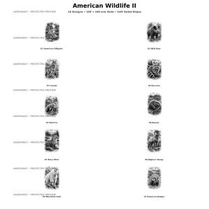 Op de afbeelding: Een digitale catalogus getiteld American Wildlife II met 10 ontwerpen op 100 x 100 mm leisteen met zacht vervaagde randen. De lijst bevat zwart-witillustraties van een alligator, wild zwijn, coyote, wasbeer, vos, bever, otter, dikhoornschaap, berggeit en das.