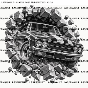 May include: A black and white graphic illustration titled LASERVAULT CLASSIC CARS 3D BREAKOUT 02/10. It depicts a classic muscle car emerging through a shattered wall of square stone blocks, creating a dynamic 3D effect with high contrast shading.