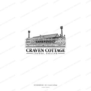 May include: A black and white line art illustration of the Craven Cottage stadium in London, England. The drawing features the architectural structure of the stadium stands, two tall floodlight towers, and the text Craven Cottage London, England.
