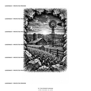 Pu&ograve; includere: Una stampa grafica in bianco e nero che raffigura un paesaggio agricolo con un mulino a vento, un fienile, un silo e un campo di mais sotto un cielo soleggiato. La scena &egrave; incorniciata da un bordo testurizzato. Il testo LASERVAULT PROTECTED PREVIEW appare ripetutamente.