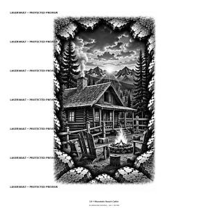 May include: A black and white graphic print titled 10 Mountain Ranch Cabin featuring a log cabin with a smoking chimney, a campfire, and two chairs. The scene is framed by a textured border and includes the repeated text LASERVAULT PROTECTED PREVIEW.