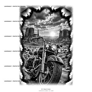 May include: A black and white graphic illustration featuring a motorcycle in the foreground against a desert landscape with rock formations and a bright sun. The text LASERVAULT PROTECTED PREVIEW appears repeatedly on the left, with 02 Desert Cruiser below.