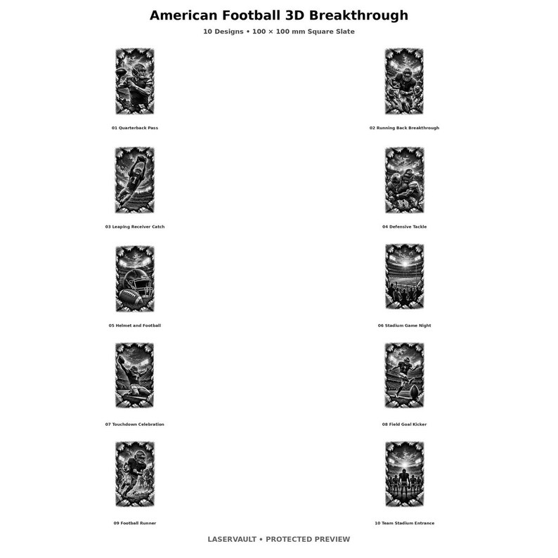 May include: A collection of 10 American Football 3D Breakthrough designs on 100 x 100 mm square slate. The black and white images depict various football scenes including a quarterback pass, running back, receiver catch, tackle, helmet, stadium, and kicker.