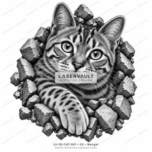 Puede incluir: Una ilustraci&oacute;n gr&aacute;fica en blanco y negro de un gato de Bengala emergiendo de un agujero en una pared de piedra. El gato tiene ojos grandes, orejas puntiagudas y pelaje moteado. Una etiqueta rectangular muestra el texto LASERVAULT PROTECTED PREVIEW.