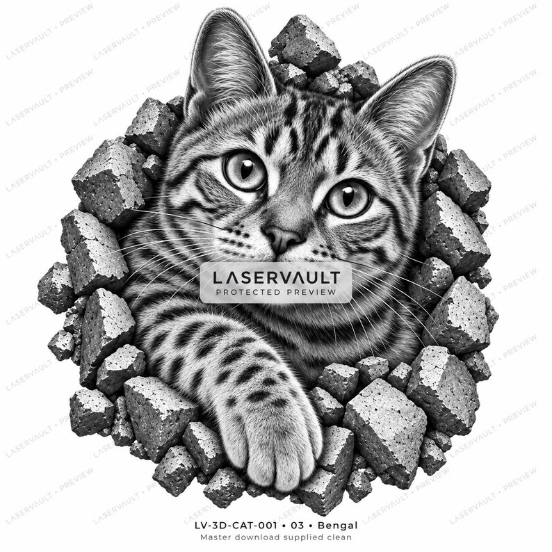 Puede incluir: Una ilustraci&oacute;n gr&aacute;fica en blanco y negro de un gato de Bengala emergiendo de un agujero en una pared de piedra. El gato tiene ojos grandes, orejas puntiagudas y pelaje moteado. Una etiqueta rectangular muestra el texto LASERVAULT PROTECTED PREVIEW.
