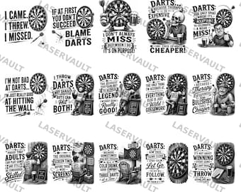 May include: A collection of 15 black and white graphic designs featuring dartboards, darts, and humorous text related to playing darts. The illustrations include skeletons, animals, and people interacting with dartboards, beer, and various slogans.
