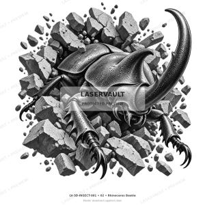 May include: A black and white illustration of a rhinoceros beetle emerging from shattered stone fragments. The beetle features a prominent horn and textured exoskeleton. The text LASERVAULT PROTECTED PREVIEW is centered over the insect.