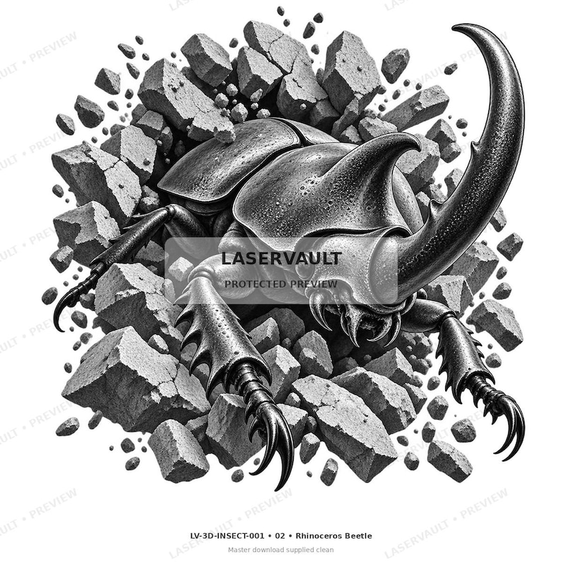 May include: A black and white illustration of a rhinoceros beetle emerging from shattered stone fragments. The beetle features a prominent horn and textured exoskeleton. The text LASERVAULT PROTECTED PREVIEW is centered over the insect.