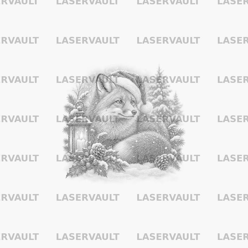 May include: A greyscale pencil-style illustration of a fox wearing a Santa hat, positioned next to a lit lantern. The scene includes pine branches, pinecones, and holly leaves covered in snow, set against a backdrop of evergreen trees.