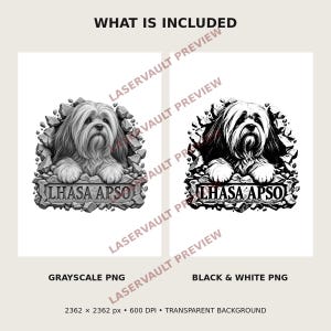 Op de afbeelding: Twee digitale grafische ontwerpen van een Lhasa Apso hond die uit een stenen muur komt, met de tekst "LHASA APSO" op een stenen plaquette. E&eacute;n ontwerp is in grijstinten en de andere in contrastrijk zwart-wit, beide 2362 x 2362 px.