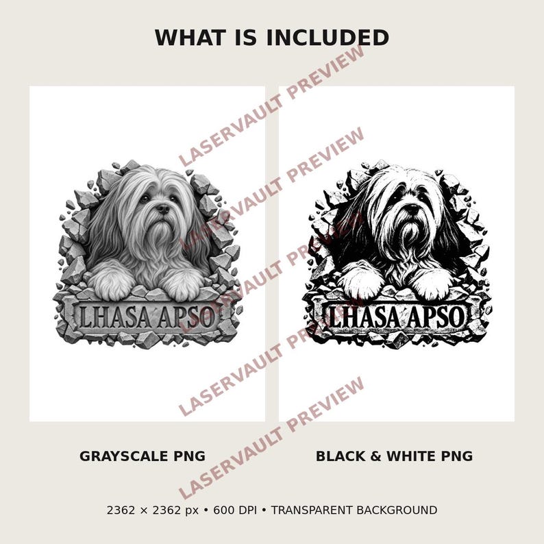 Op de afbeelding: Twee digitale grafische ontwerpen van een Lhasa Apso hond die uit een stenen muur komt, met de tekst "LHASA APSO" op een stenen plaquette. E&eacute;n ontwerp is in grijstinten en de andere in contrastrijk zwart-wit, beide 2362 x 2362 px.