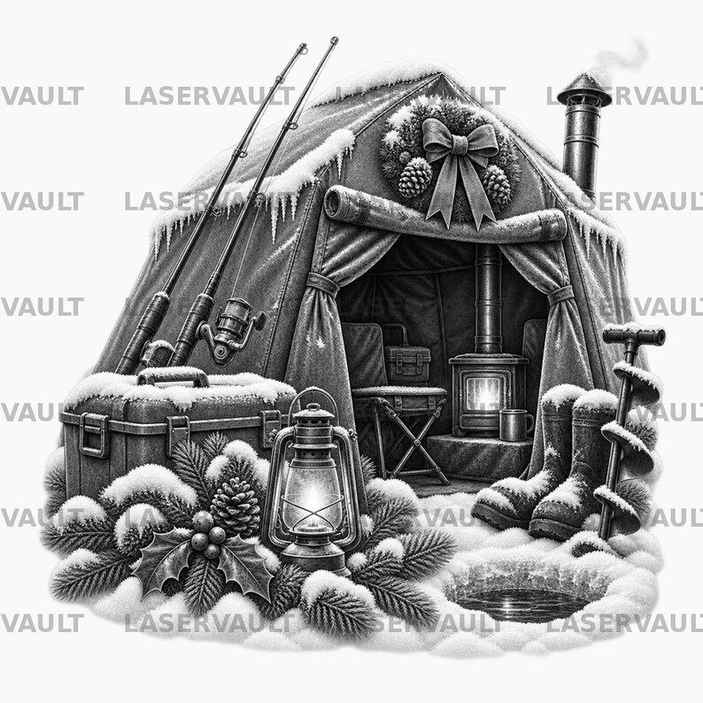 Puede incluir: Una ilustraci&oacute;n en blanco y negro de una tienda de pesca en hielo con chimenea, dos ca&ntilde;as de pescar, una caja de aparejos, un farol, un par de botas y un barreno. Una corona con un lazo cuelga sobre la entrada, junto a un agujero en el hielo.