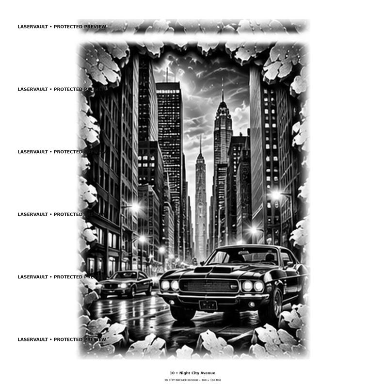 Pode incluir: Uma impress&atilde;o gr&aacute;fica em preto e branco intitulada 10 Night City Avenue apresentando um muscle car cl&aacute;ssico em uma rua urbana molhada cercada por arranha-c&eacute;us. A imagem &eacute; emoldurada por uma borda com efeito de papel rasgado e inclui o texto LASERVAULT PROTECTED PREVIEW.