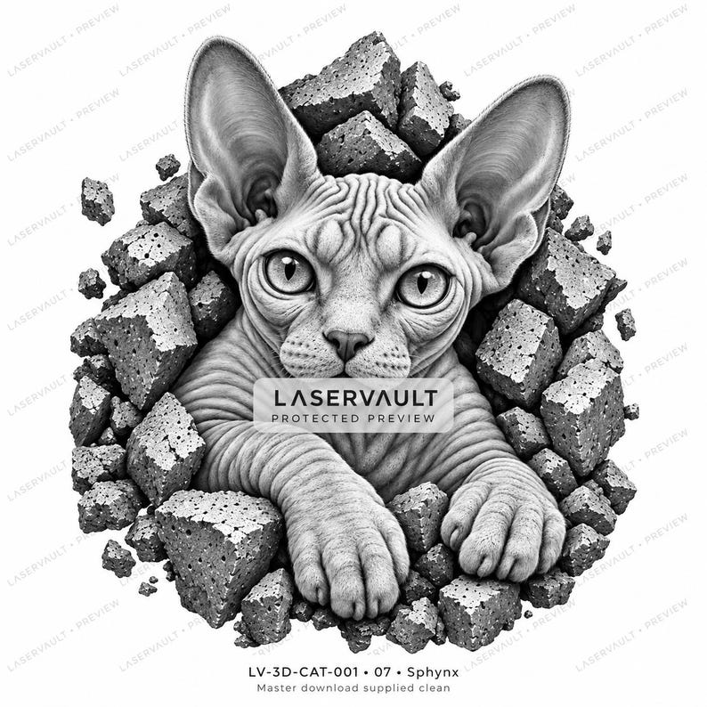 Puede incluir: Una ilustraci&oacute;n gr&aacute;fica en blanco y negro de un gato Sphynx sin pelo emergiendo de un mont&oacute;n de bloques de piedra rotos. El gato tiene orejas grandes y piel arrugada. El texto LASERVAULT PROTECTED PREVIEW est&aacute; centrado sobre el pecho.