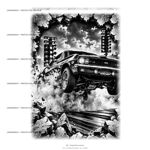 Może przedstawiać: Czarno-biała ilustracja graficzna samochodu typu muscle car startującego na torze wyścigowym, przebijającego się przez kamienny mur z dymem i gruzem. Tekst LASERVAULT &bull; PROTECTED PREVIEW pojawia się wielokrotnie, na dole widnieje 06 &bull; Drag Strip Launch.