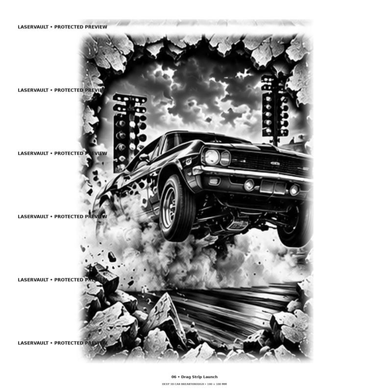 Może przedstawiać: Czarno-biała ilustracja graficzna samochodu typu muscle car startującego na torze wyścigowym, przebijającego się przez kamienny mur z dymem i gruzem. Tekst LASERVAULT &bull; PROTECTED PREVIEW pojawia się wielokrotnie, na dole widnieje 06 &bull; Drag Strip Launch.