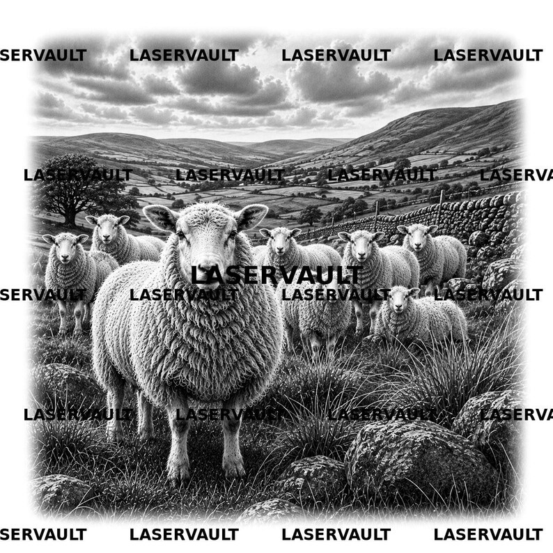 Pu&ograve; includere: Una stampa grafica in bianco e nero che raffigura un gregge di pecore in un paesaggio collinare erboso con un muro di pietra e un cielo nuvoloso. La parola LASERVAULT &egrave; ripetuta pi&ugrave; volte in un motivo a griglia sopra l'immagine.