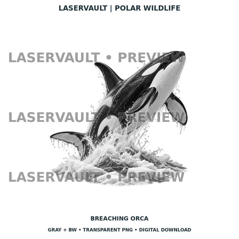 Op de afbeelding: Een zwart-witte digitale illustratie van een springende orka die uit het water komt met spatten en ijsblokken. De tekst LASERVAULT | POLAR WILDLIFE en BREACHING ORCA is zichtbaar, evenals GRAY + BW &bull; TRANSPARENT PNG &bull; DIGITAL DOWNLOAD.